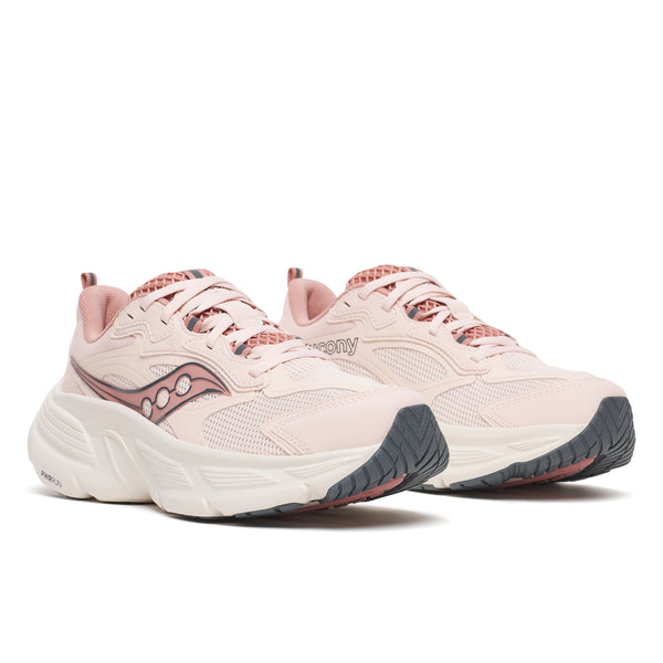 Pink running shoes with gray soles on a white background