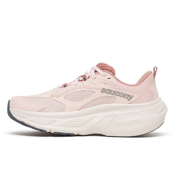 Pink running shoe with 'Saucony' branding on a white background