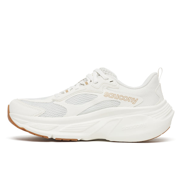 White running shoe with 'Saucony' branding on a white background