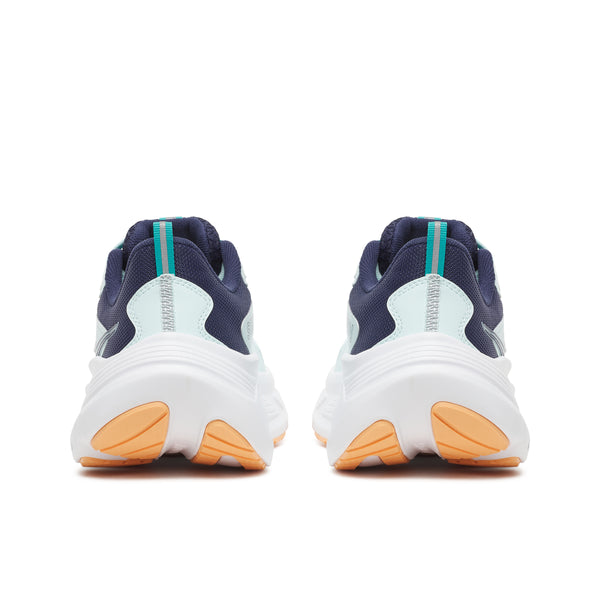 Pair of blue and white sneakers with orange soles on a white background