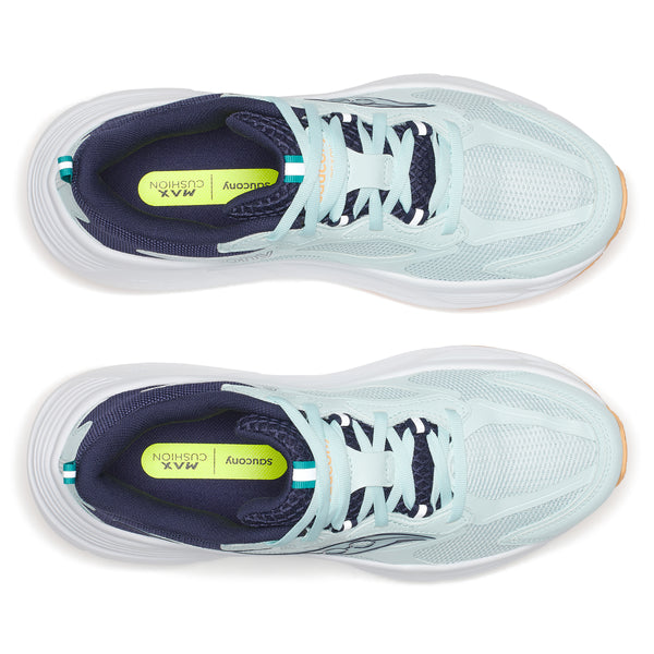 Light blue running shoes with white soles on a white background