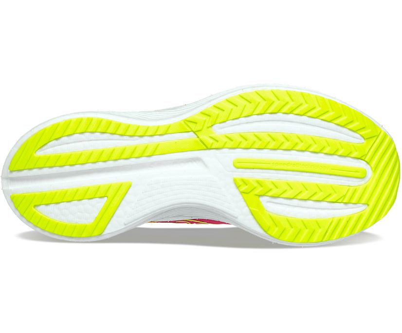 Bottom (outer sole) view of the Women's Endorphin Speed 3 by Saucony in the color Red/Rose