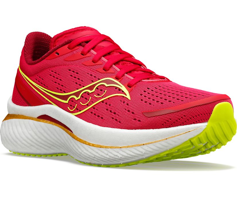 Front angle view of the Women's Endorphin Speed 3 by Saucony in the color Red/Rose