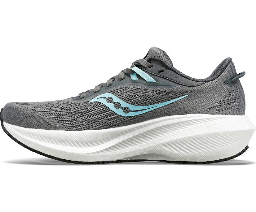 Medial view of the Women's Saucony Triumph 21 in the color Gravel/Black