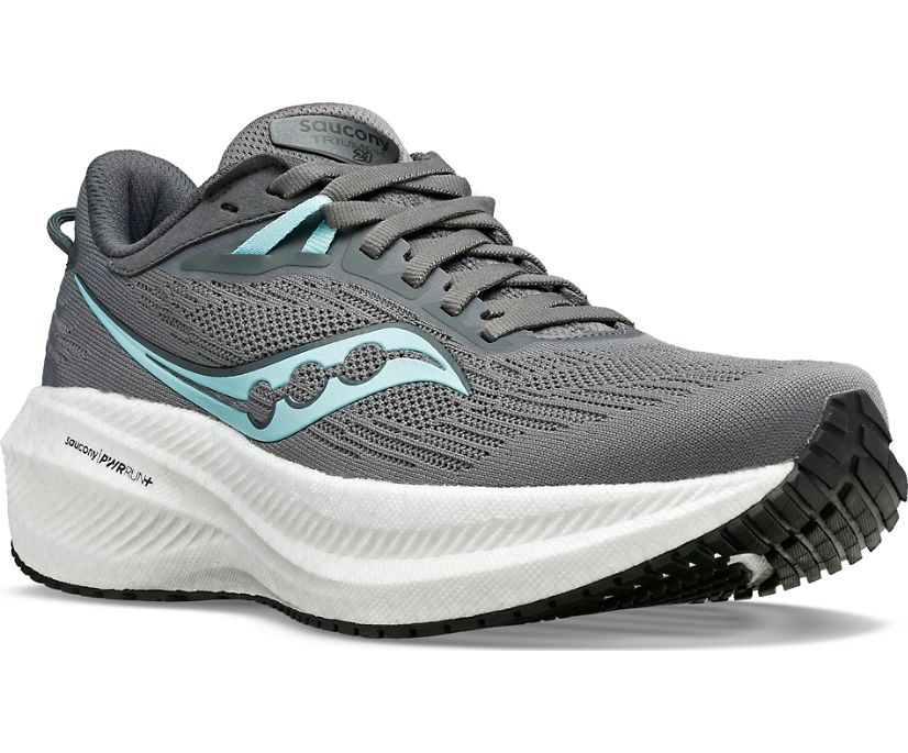 Front angle view of the Women's Saucony Triumph 21 in the color Gravel/Black