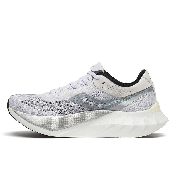 White carbon plated running shoe with black accents on a white background.