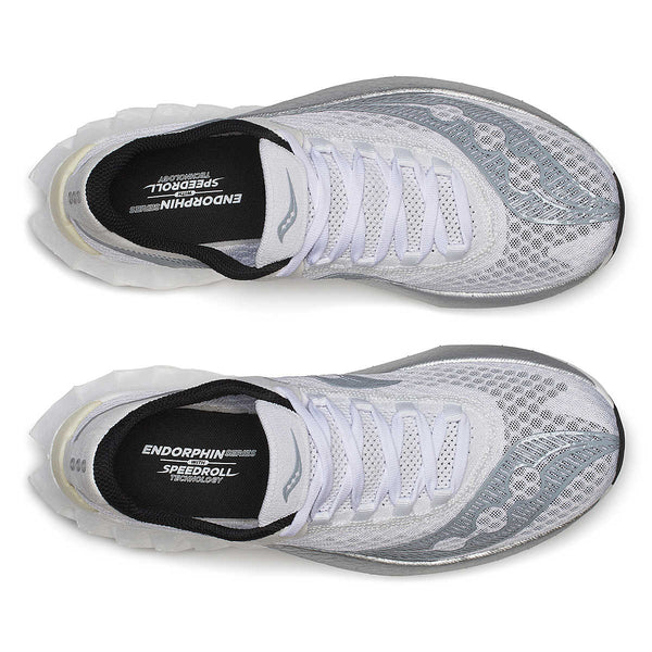 Top down view of a white and silver carbon running shoes with visible branding on a white background.