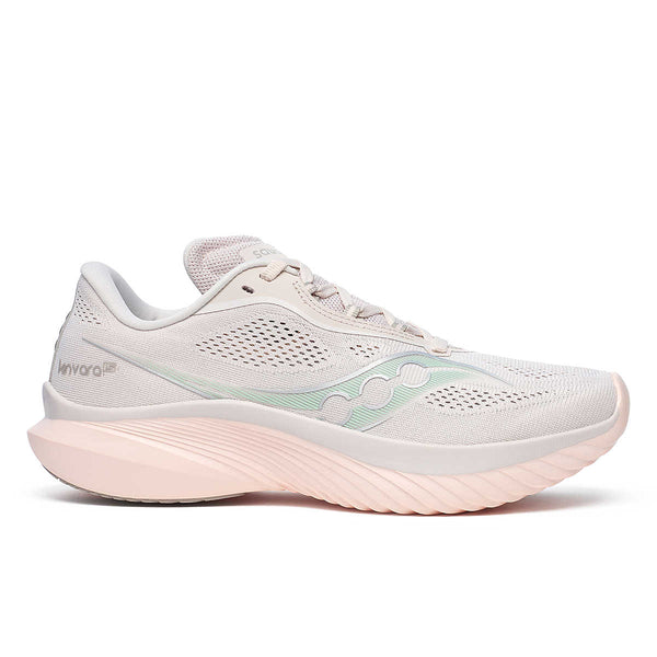 A pair of women's Saucony Kinvara 15 running shoes in beige, pink, and green colors.