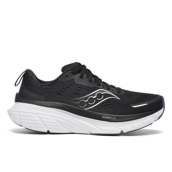 Black running shoe with white midsole and black laces.