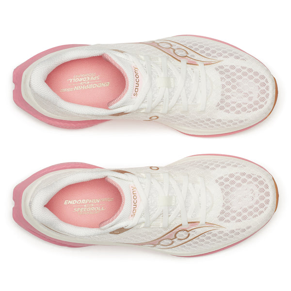White running shoes with pink accents on a white background
