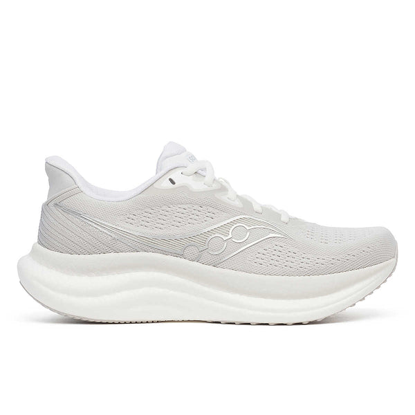 lateral side of a white Triumph 23 running shoe with brand logo on a white background.