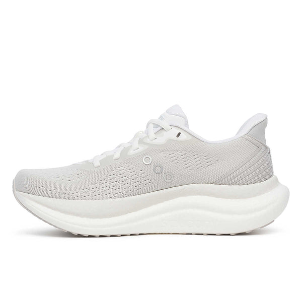 Medial side of a Saucont tonal gray running shoe on a white background.