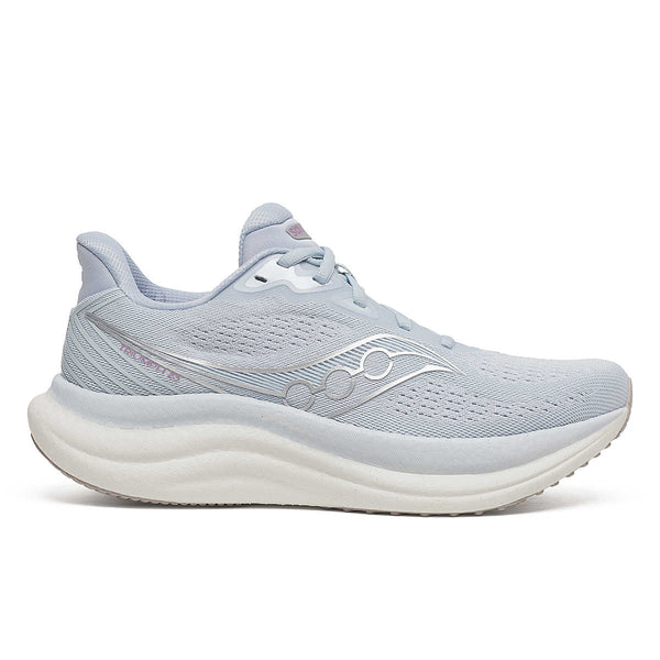 Light blue Saucony running shoe with white sole on a white background.