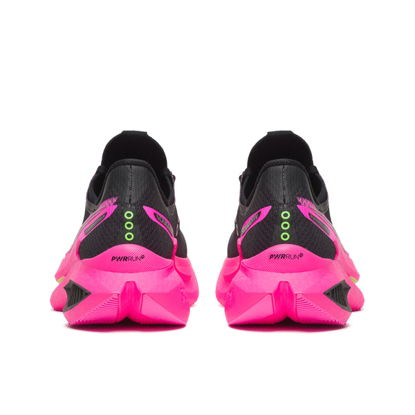 Black and pink running shoes with 'PWRUN' branding on a white background