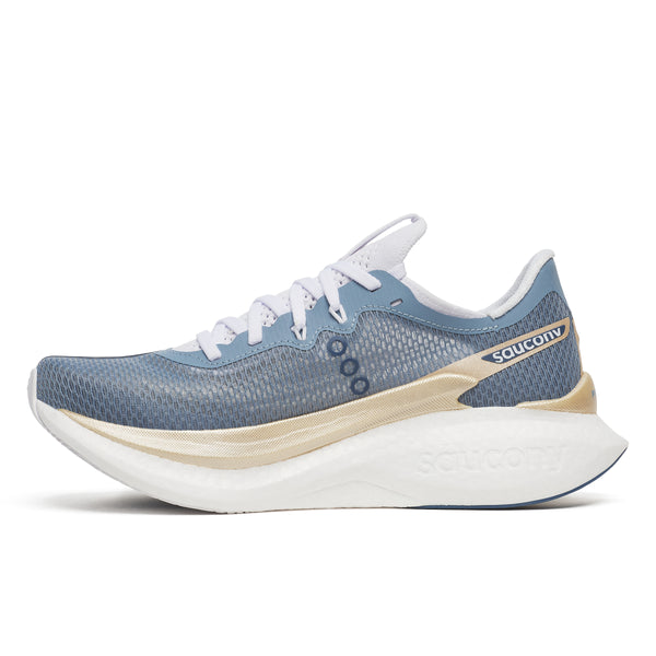 Blue and white running shoe with 'Saucony' branding on a white background