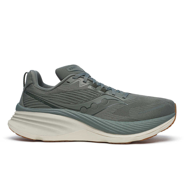 A pair of Saucony Men's Hurricane 24 running shoes in gray color with lace-up closure.