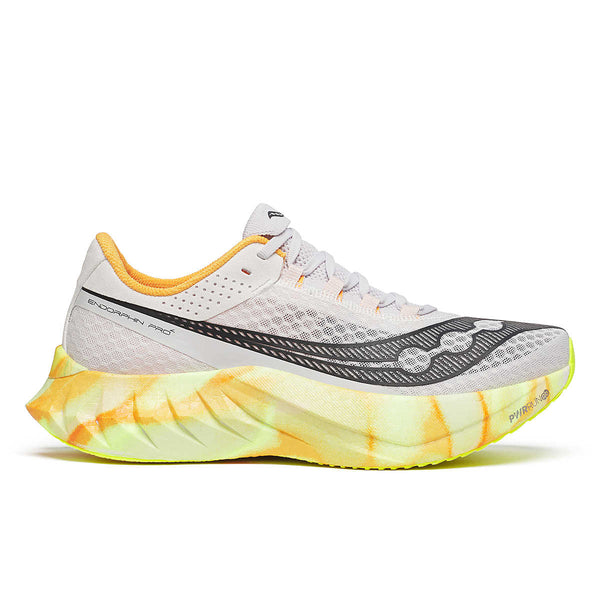A men's running shoe with a white, gray, and orange color scheme, featuring a mesh upper, a rubber midsole, and a unique outsole design.