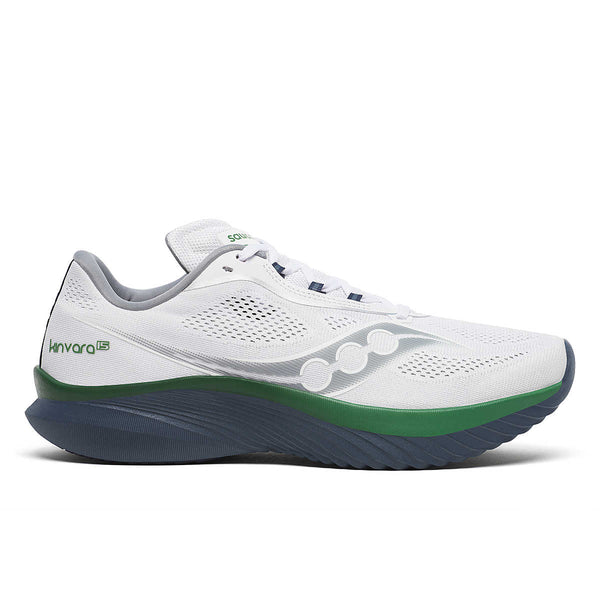 A pair of Saucony Men's Kinvara 15 running shoes with white uppers, green midsoles, and silver branding.