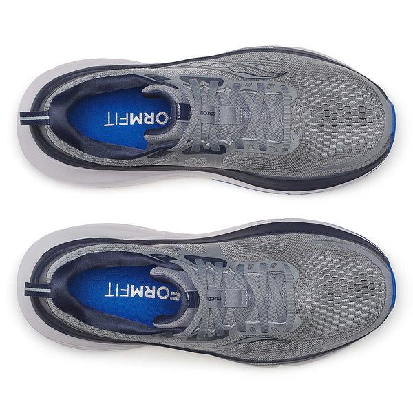 Gray running shoes with the same color gray laces and a blue footbed  on a white background.