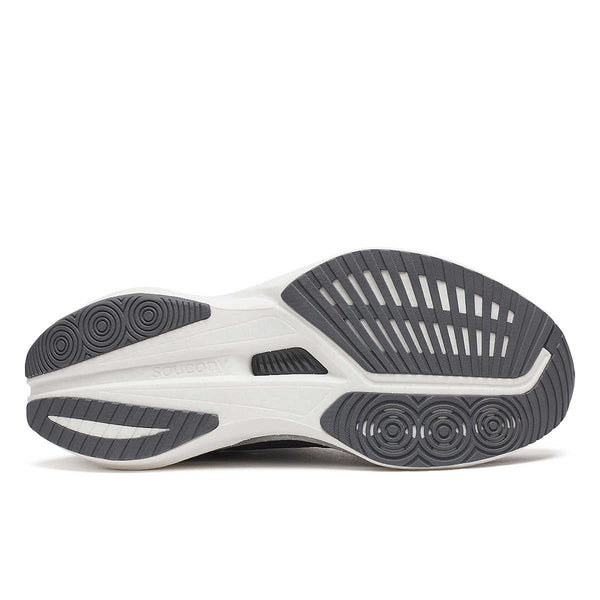 Side view of a Saucony running shoe with white sole and black tread pattern on a white background.