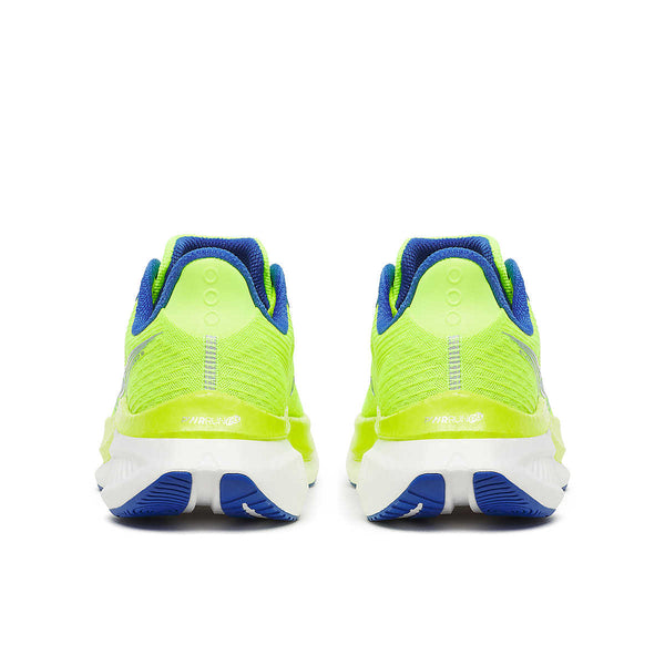 Pair of Men's Saucony Speed 5 neon green running shoes with blue accents on a white background.