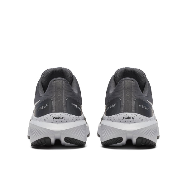 Pair of gray running shoes with visible brand logo on a white background