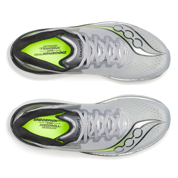 Gray running shoes with green accents on a white background