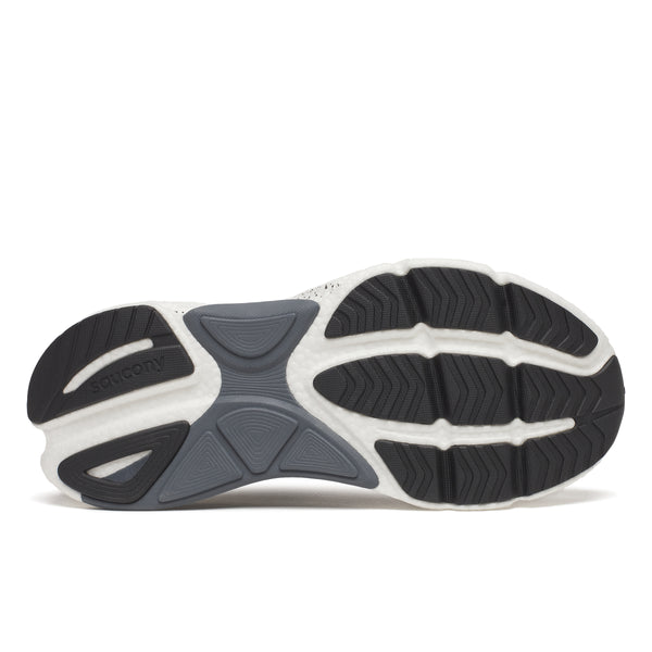 Close-up of a shoe sole with black and gray tread pattern on a white background