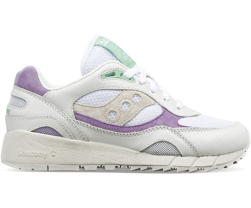 Lateral view of the Women's Shadow 6000 by Saucony in the color White/Purple