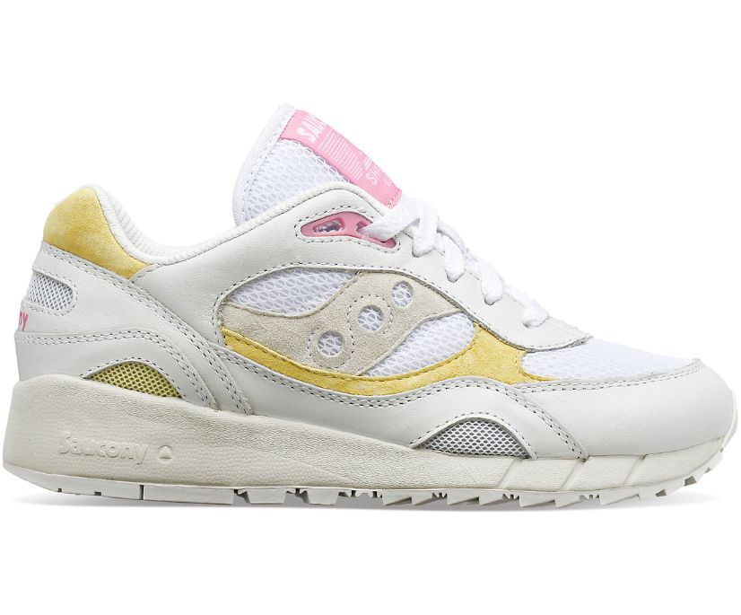 Lateral view of the Women's Shadow 6000 by Saucony in the color White/Yellow/Pink