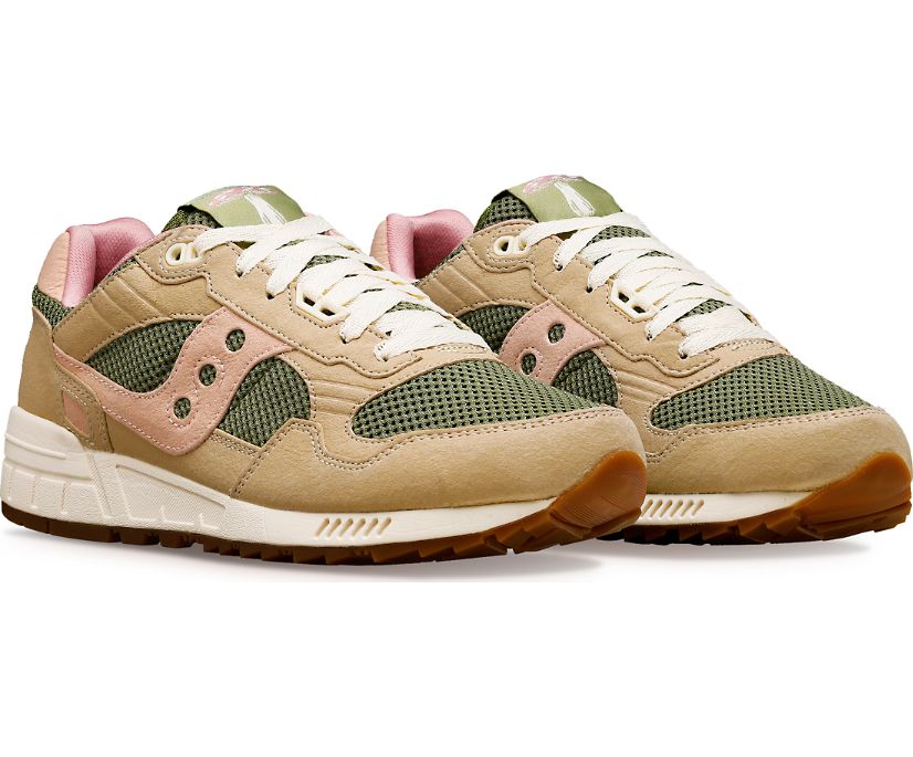 Front angle view of the Men's Shadow 5000 Mushroom by Saucony in the color Tan/Olive