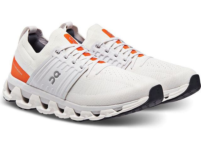 Front angle view of the Men's ON Cloudswift 3 in the color Ivory / Flame
