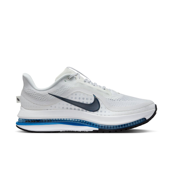 White and blue running shoe with blue sole on a white background.