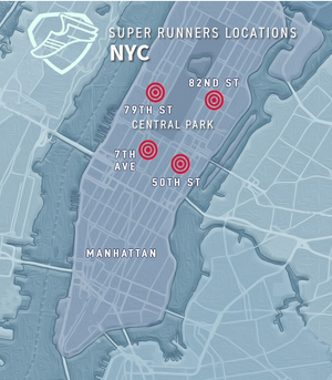 This is a map of NYC that show the locations of the 4 Super Runners Shops. It is not a detailed map of exact locations, but it does highlight the neighborhoods each store is in