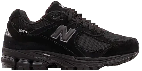 Black running shoe with New Balance logo on a white background