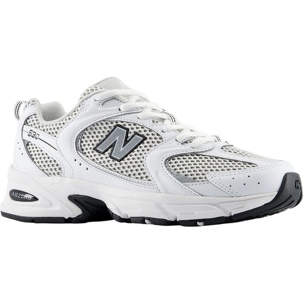 White athletic shoe with gray accents on a white background