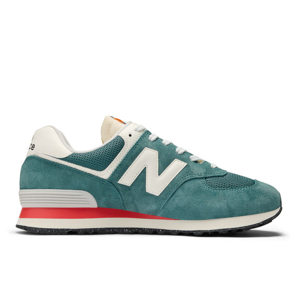 This New Balance lifestyle shoe has a green upper and a big N logo.
