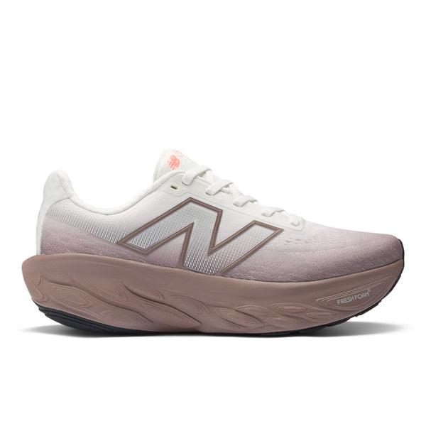 White New balance running shoe with a brown sole and white upper.