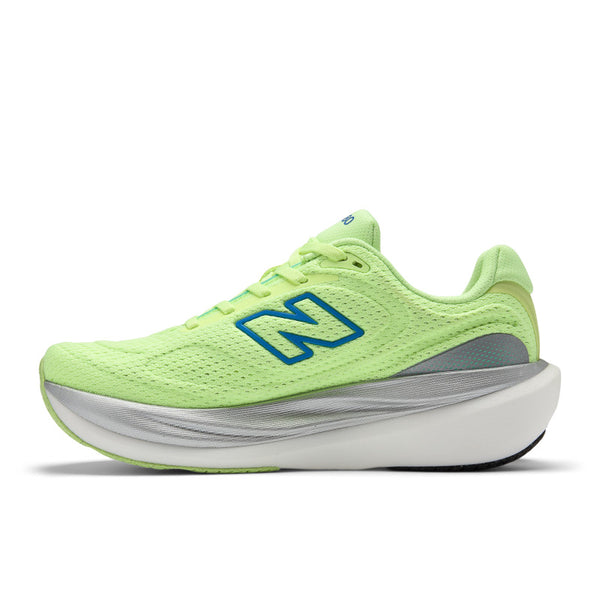 A medial side of a green running shoe with blue logo on a white background.