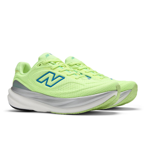 Bright green running shoe with New Balance logo on a white background.