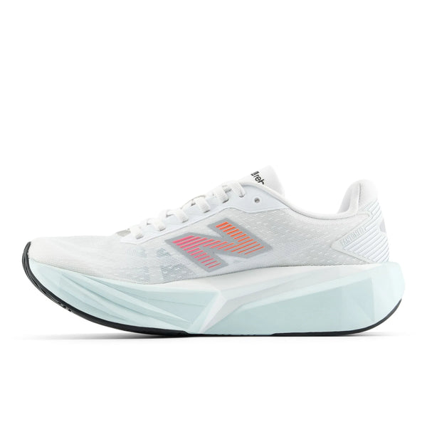 White running shoe with a colorful 'N' logo on a white background