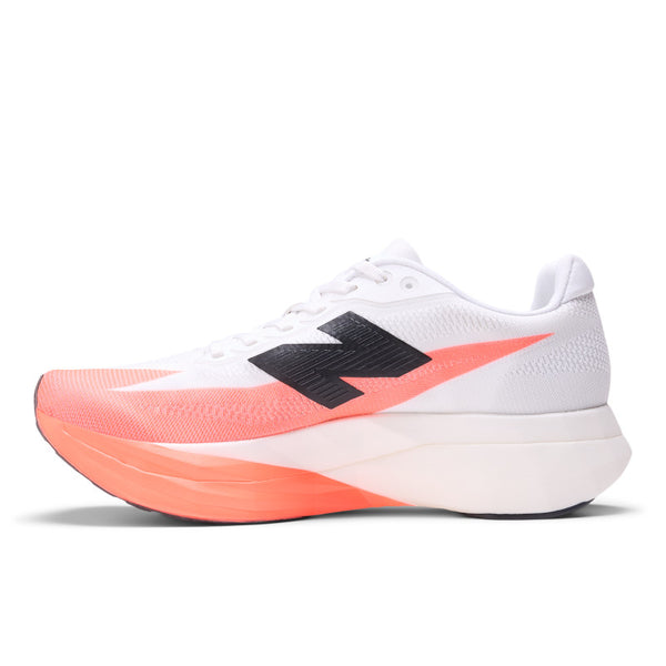 Medial side of women's white running shoe with a black logo and pink sole on a white background.