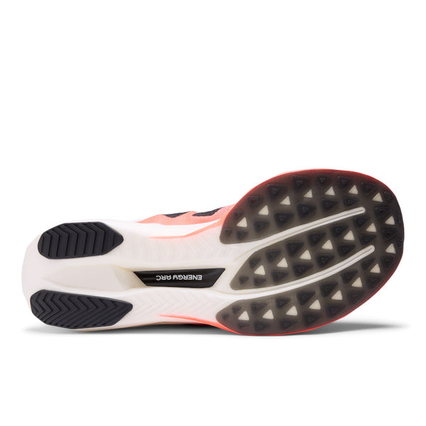 Sole of a running shoe with brand logo on a white background.