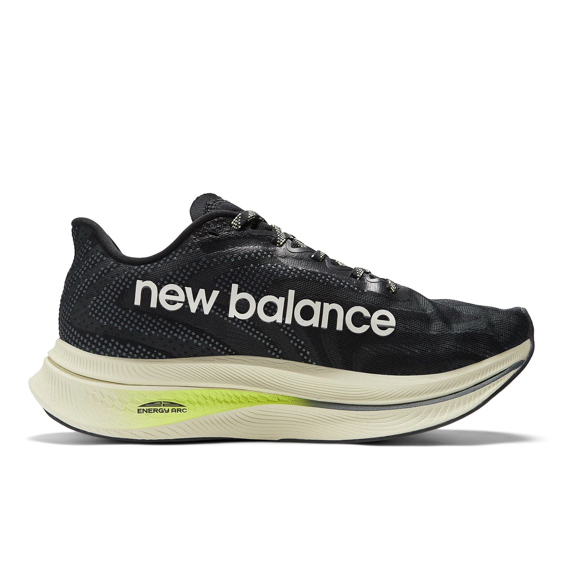 Medial view of the Women's Fuel Cell SuperComp trainer V2 by New Balance in the color Black/Thirty Watt