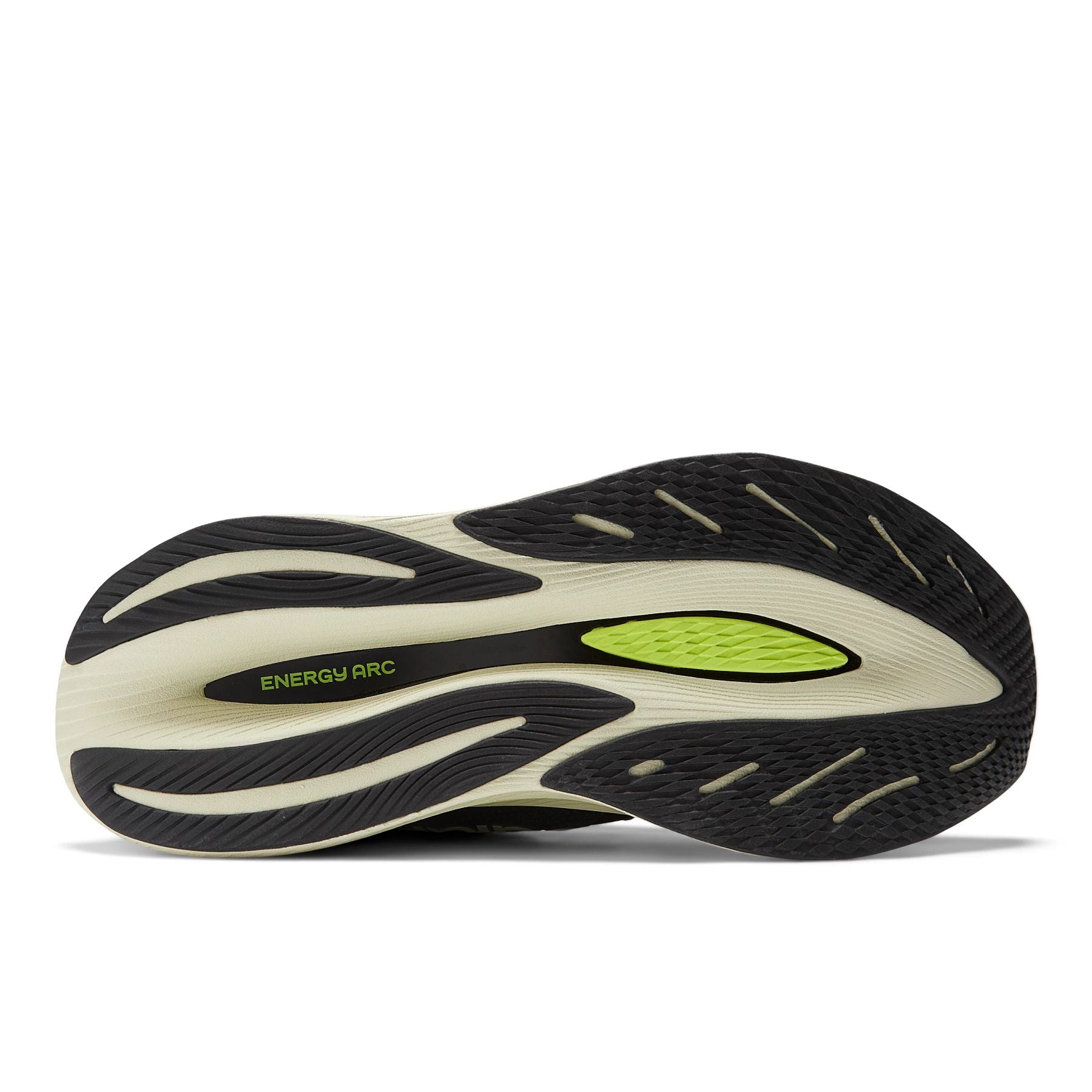 Bottom (outer sole) view of the Women's Fuel Cell SuperComp trainer V2 by New Balance in the color Black/Thirty Watt