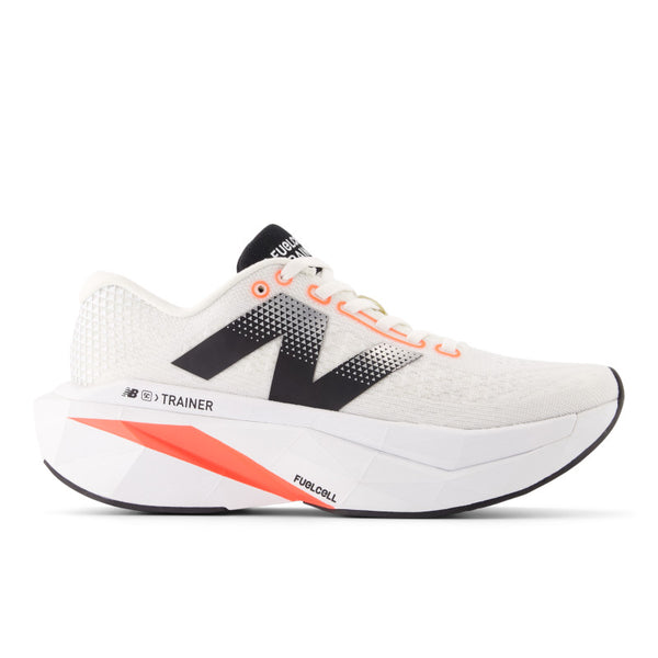White running shoe with black and orange accents on a white background.