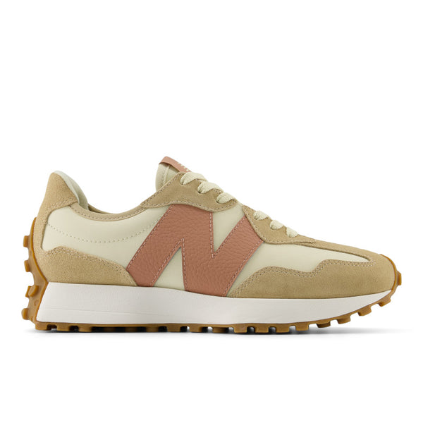 This NB 327 has a tan and white upper along with a big N logo.