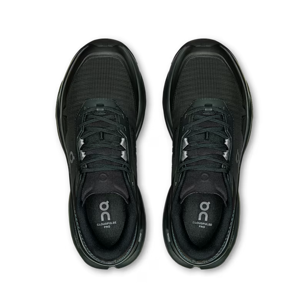 A pair of black On training shoes shown from a top-down view on a clean white background.