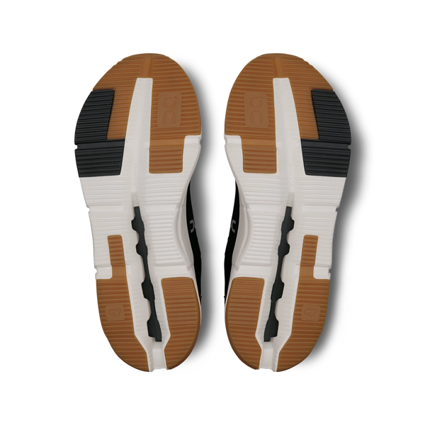 Black running shoe with white sole on a white background