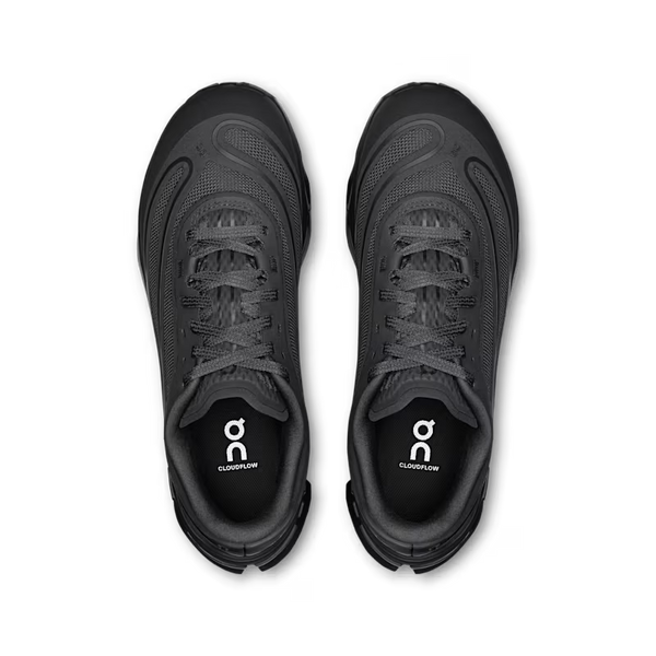 A pair of black On running shoes shown from a top-down view on a white background.